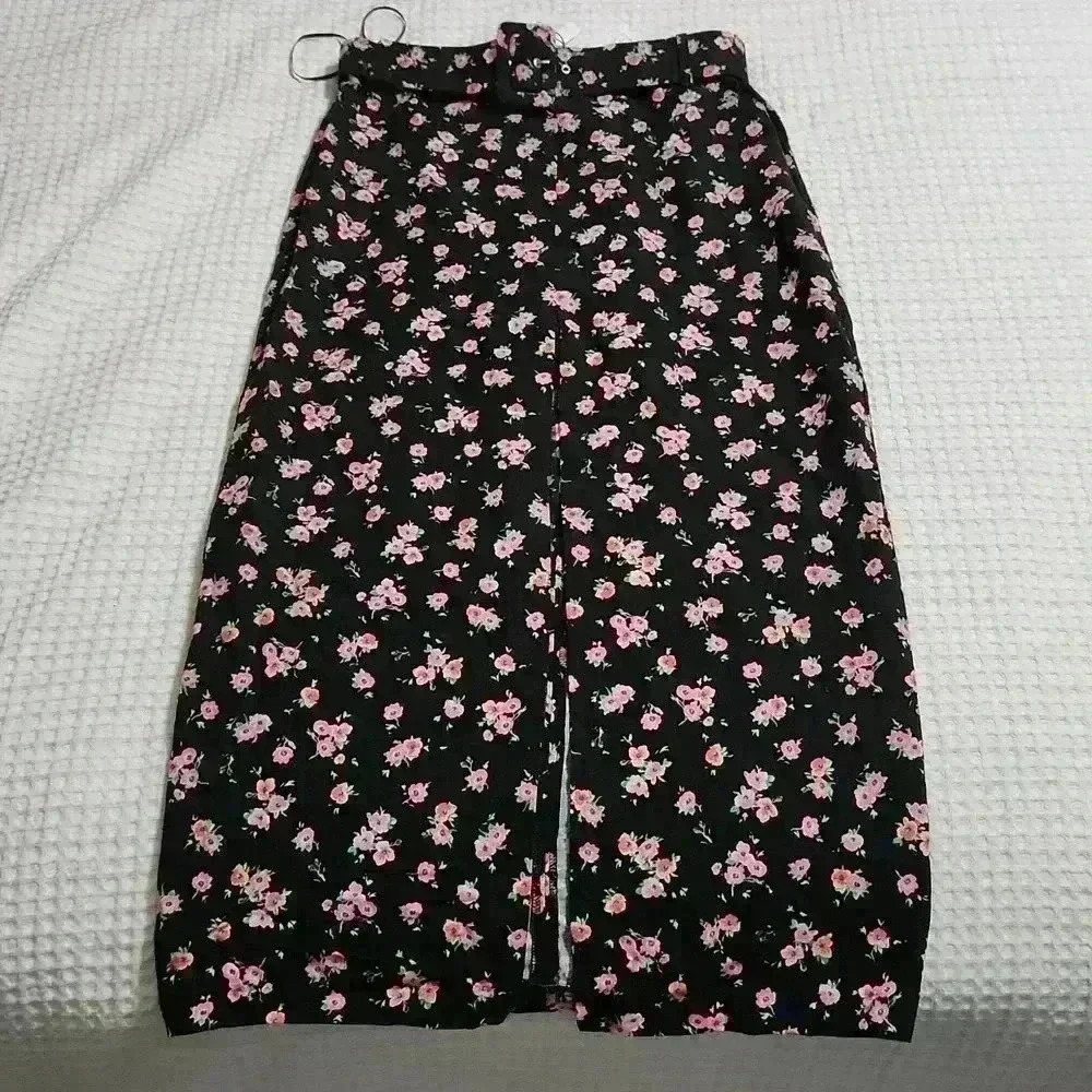 Zara Retro 80s Black Pink Floral Belted High Waist Midi Pencil Skirt